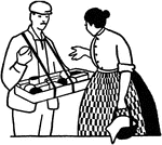An illustration of a man selling goods to a woman.