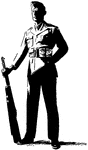 An illustration of an army man standing at rest with a rifle.