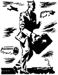 An illustration of a military man walking while holding a briefcase.
