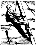 An illustration of a man repelling down a pole.