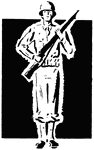 An illustration of a man in a military uniform standing at arm with a rifle.