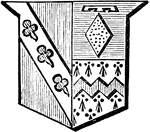 "Parted per pale, baron and femme, three coats;&mdash;first, gules, on a bend (argent), three trefoils vert: second, parted per fess, in chief azure, a mascle or, with a label argent for difference. In base ermine, a fess, dancette gules. The same rule would apply if the husband had three or more wives; they would all be placed in the sinister division of the shield. If a widower marries again, the arms of both his wives are placed on the sinister side, which is parted per fess." -Hall, 1862