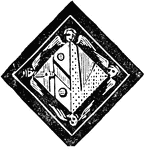 This image shows "the hatchment of the widow of a bishop; ... here the lozenge-shaped shield is parted per pale. Baron and femme:&mdash;first, parted paleways, on the dexter side the arms of the bishopric, on the sinister side the paternal arms of the bishop. Second, the arms of the femme: the widow of a bishop has a right to exhibit the arms of the see over which her husband presided, as though his death has dissolved all connection with the see. She has a right to emblazon all that will honour her deceased husband." -Hall, 1862