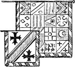"BANNER ROLL is a small square flag containing a single escutcheon of the deceased. Thus, if there are twelve quarterings in the banner, the same number of banner rolls will be required to be borne in the funeral procession. The annexed engraving shows the banner and banner-roll." -Hall, 1862