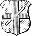 "Or, a cross gules, over all a baton argent. BATON. BATUNE. BASTON. It is generally used as an abatement in coats of arms to denote illegitimacy." -Hall, 1862