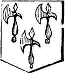 "Argent, three battle axes gules two over one. BATTLE AXE. An ancient military weapon, frequently borne on arms as a mark of prowess." -Hall, 1862