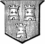 "Gules, three towers embattled argent. BATTLEMENTS. Divisions or apertures on the top of castle walls or towers." -Hall, 1862