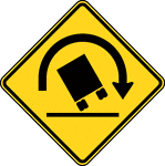 "A Truck Rollover Warning sign may be used to warn drivers of vehicles with a high center of gravity, such as trucks, tankers, and recreational vehicles, of a curve or turn having geometric conditions that are prone to cause such vehicles to lose control and overturn. When the Truck Rollover Warning sign is used, it shall be accompanied by an Advisory Speed plaque indicating the recommended speed for vehicles with a higher center of gravity."