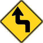 The horizontal alignment Reverse Turn signs may be used in advance of situations where the horizontal roadway alignment changes. This sign indicates that there is a left turn ahead, immediately followed by a right turn.