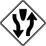 A Divided Highway symbol sign should be used on the approaches to a section of highway (not an intersection or junction) where the opposing flows of traffic are separated by a median or other physical barrier. The word message DIVIDED HIGHWAY or DIVIDED ROAD sign may be used as an alternate to the symbol sign.