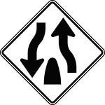 A Divided Highway Ends symbol sign should be used in advance of the end of a section of physically divided highway (not an intersection or junction) as a warning of two-way traffic ahead.