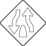 A Divided Highway Ends symbol sign should be used in advance of the end of a section of physically divided highway (not an intersection or junction) as a warning of two-way traffic ahead.