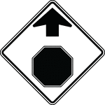 The Advance Traffic Control symbol signs includes the Stop Ahead sign. These signs shall be installed on an approach to a primary traffic control device that is not visible for a sufficient distance to permit the road user to respond to the device. The visibility criteria for a traffic control signal shall be based on having a continuous view of at least two signal faces for the distance specified.