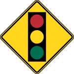 The Advance Traffic Control symbol signs includes the Signal Ahead sign. These signs shall be installed on an approach to a primary traffic control device that is not visible for a sufficient distance to permit the road user to respond to the device. The visibility criteria for a traffic control signal shall be based on having a continuous view of at least two signal faces for the distance specified.