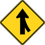 A Merge sign may be used to warn road users on the major roadway that merging movements might be encountered in advance of a point where lanes from two separate roadways converge as a single traffic lane and no turning conflict occurs. A Merge sign may also be installed on the side of the entering roadway to warn road users on the entering roadway of the merge condition. The Merge sign should be installed on the side of the major roadway where merging traffic will be encountered and in such a position as to not obstruct the road user's view of entering traffic.