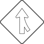 A Merge sign may be used to warn road users on the major roadway that merging movements might be encountered in advance of a point where lanes from two separate roadways converge as a single traffic lane and no turning conflict occurs. A Merge sign may also be installed on the side of the entering roadway to warn road users on the entering roadway of the merge condition. The Merge sign should be installed on the side of the major roadway where merging traffic will be encountered and in such a position as to not obstruct the road user's view of entering traffic.