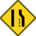 The Lane Ends symbol sign, should be used to warn of the reduction in the number of traffic lanes in the direction of travel on a multi-lane highway.
