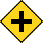 A Cross Road symbol sign may be used in advance of an intersection to indicate the presence of an intersection and the possibility of turning or entering traffic. The relative importance of the intersecting roadways may be shown by different widths of lines in the symbol. An advance street name plaque may be installed above or below an Intersection Warning sign.