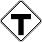 A T-Symbol sign may be used in advance of an intersection to indicate the presence of an intersection and the possibility of turning or entering traffic. The relative importance of the intersecting roadways may be shown by different widths of lines in the symbol. An advance street name plaque may be installed above or below an Intersection Warning sign.