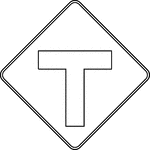 A T-Symbol sign may be used in advance of an intersection to indicate the presence of an intersection and the possibility of turning or entering traffic. The relative importance of the intersecting roadways may be shown by different widths of lines in the symbol. An advance street name plaque may be installed above or below an Intersection Warning sign.
