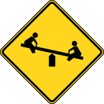 The Playground sign may be used to give advance warning of a designated children's playground that is located adjacent to the road. The Playground sign may have a fluorescent yellowgreen background with a black legend and border.
