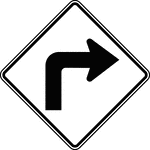 The horizontal alignment Turn may be used in advance of situations where the horizontal roadway alignment changes. This specific sign indicates that there is a 90&deg; right turn on the road ahead.
