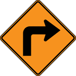 The horizontal alignment Turn may be used in advance of situations where the horizontal roadway alignment changes. This specific sign indicates that there is a 90&deg; right turn on the road ahead.