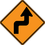 The horizontal alignment Reverse Turn signs may be used in advance of situations where the horizontal roadway alignment changes. This sign indicates that there is a right turn ahead, immediately followed by a left turn.
