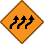 The horizontal alignment Reverse Curve signs may be used in advance of situations where the horizontal roadway alignment changes. This sign indicates that three lanes in the road ahead curve to the right and then immediately curve back to the left.