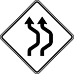 The Double Reverse Curve sign may be used when the tangent distance between two reverse curves is less than 180 m (600 ft), thus making it difficult for a second Reverse Curve sign to be placed between the curves.