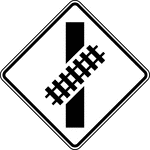 The Skewed Crossing sign may be used at a skewed highway-rail grade crossing to warn drivers that the railroad tracks are not perpendicular to the highway. If the Skewed Crossing sign is used, the symbol should show the direction of the crossing (near left to far right as shown in Figure 8B-5, or the mirror image if the track goes from far left to near right). If the Skewed Crossing sign is used where the angle of the crossing is significantly different than 45 degrees, the symbol should show the approximate angle of the crossing.