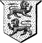"Or, two lions passant counter passant gules, the uppermost facing the sinister side of the escutcheon, both collared sable, garnished argent. COUNTER PASSANT. Two animals passing the contrary way to each other." -Hall, 1862