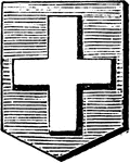 "Azure, a cross couped argent. COUPED. From the French word couper, to cut. The cross in the example is couped, part of it being cut off, so as not to touch the edges of the shield." -Hall, 1862