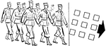 An illustration of military personnel marching straight with the right side of the image illustrating direction in which men are marching.