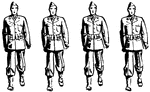 An illustration of military personnel forward marching in a four line formation.