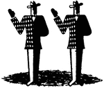 An illustration of two men with their left hand behind his back and their right hands up.