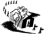 An illustration of a line of men entering and exiting a building.