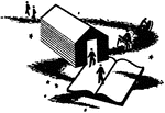 An illustration of a small toy schoolhouse sitting on top of a book.