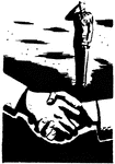 An illustration of two hands shaking with a man standing in the distance at attention.