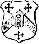 "Argent, a chevron or, between three crosslets sable, on the fess point surtout the chevron an escutcheon of pretence gules, three quatrefoils argent. ESCUTCHEON OF PRETENCE. A small escutcheon, on which a man bears the coat of arms of his wife, being an heiress." -Hall, 1862