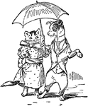 An illustration of a cat and dog dressed in clothes and walking with an umbrella.