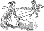 An illustration of a woman and boy sitting on a seesaw made from a wooden board and log.