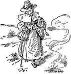 An illustration of a woman walking along a path with a cane.