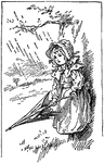 An illustration of a young girl wearing a frilly bonnet and holding an umbrella.