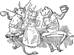 An illustration of two mice and a frog sitting on a bench and drinking from mugs.