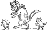 An illustration of a cat wearing and bonnet and two kittens tiptoeing.