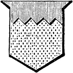 "Or, a chief gules, indented. INDENTED. A serrated figure, much smaller than the dancette." -Hall, 1862