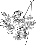 An illustration of a young girl wearing a wide brim straw hat and sitting on a river bank while fishing with a makeshift pole.