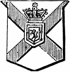 "KNIGHT AND BARONET OF NOVA SCOTIA. A new creation during the reign of George I. to induce capitalists to settle in that part of North America. The title is hereditary: the arms are argent, St. Andrew's Cross gules surtout, an escutcheon or, with a lion rampant gules within a double tressure of the same, surmounted by a king's crown as a crest." -Hall, 1862
