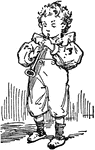 An illustration of a young boy playing a small pipe.